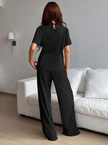 Almamuse Bộ 2 quần dài tay ngắn cổ lọ màu trơn dành cho nữ, mùa hè - màu đen - Xem 2