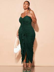 SHEIN BAE Plus Size Women's Tight Gathered Bodice Sexy & Elegant Ruffle Decor Dress - Dark Green - View 5