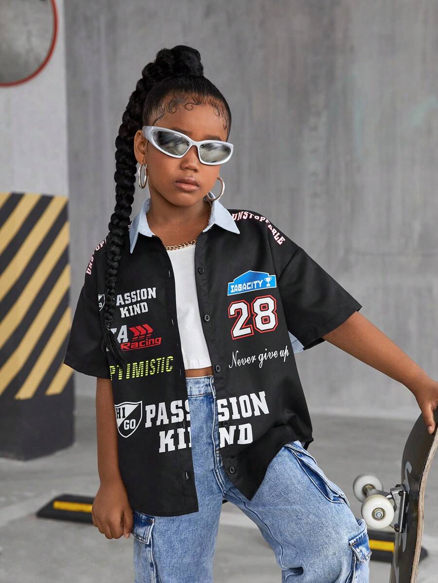 SHEIN 少女休闲印花宽松短袖上衣，母女装（2 件单独出售） - 黑色 - 查看 1