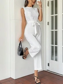 Firerie 女士白色蕾絲接頭無袖高腰長連身褲 - 白色 - 查看 2