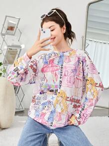 Teen Girl Cartoon Print Drop Shoulder Pullover - Mauve Purple - View 1