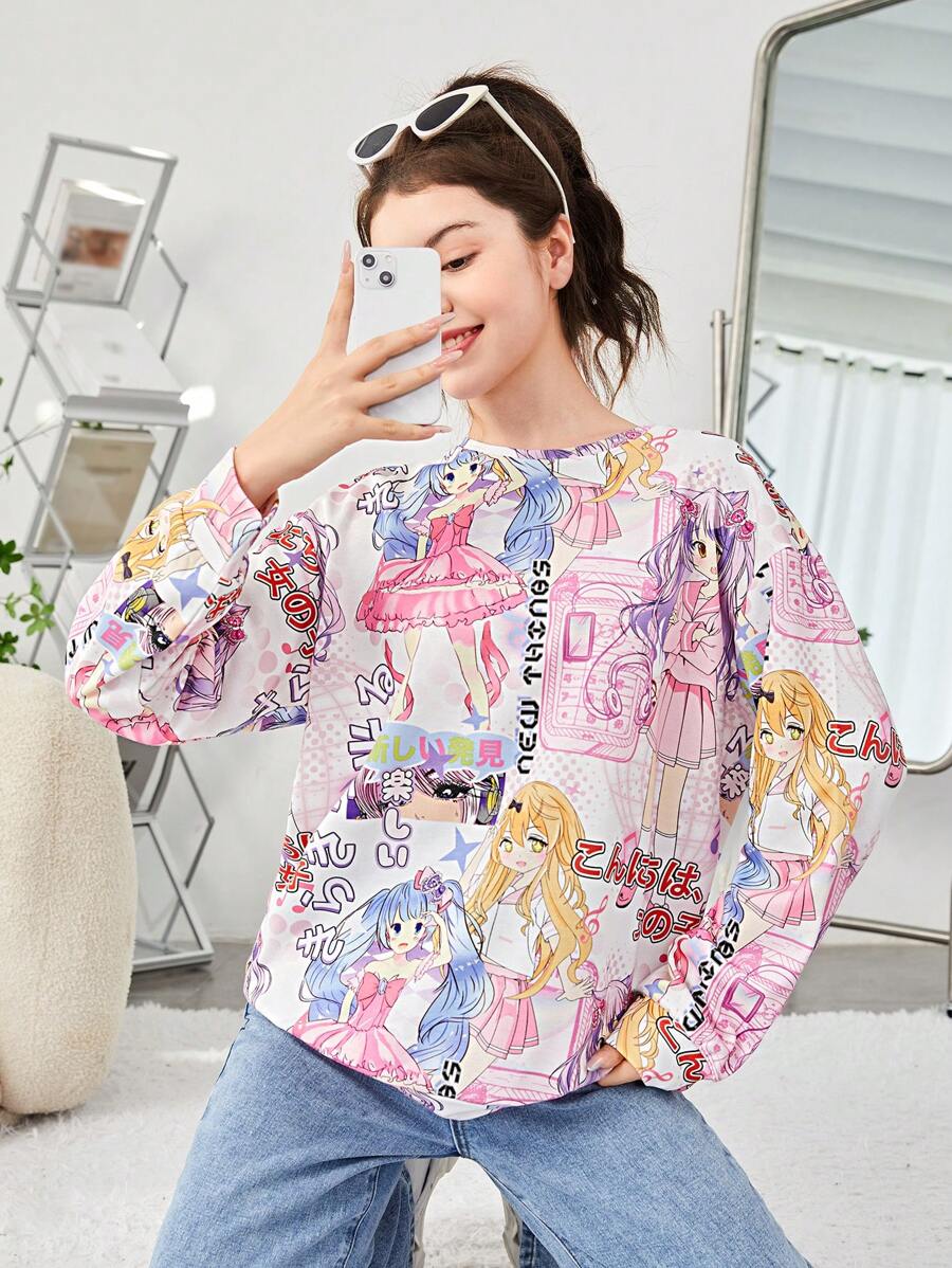 Teen Girl Cartoon Print Drop Shoulder Pullover - Mauve Purple - View 1