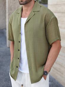 Manfinity Homme 男士纯色前扣短袖衬衫，夏季 - 灰色 - 查看 3