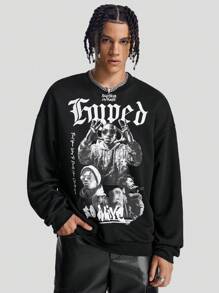 Manfinity VCAY Sudadera de cuello redondo holgada de manga larga de punto con estampado para hombre, camiseta de manga larga con gráfico de figura de rapero musical