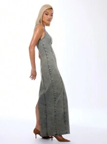 MUSERA Crew Neck Fitted Denim Washed Maxi Dress, Spring 90's Y2k Streetwear Summer Glaciers Ibiza Concert Holiday Going Out Night Out Streetwear Winter Everyday Party  Chic - Multicolor - View 3