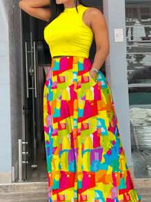 Slaydiva Plus Size Elegant & Holiday Casual Net Yellow Sleeveless Vest And Wide Leg Pants, Color-Blocked Tie Dye Printed Women's 2-Piece Set, Pride, Summer,Holiday Outfits - Yellow - View 1