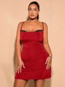 SHEIN BAE Đầm mini co giãn ren cổ xanh thanh lịch cho tiệc sinh nhật cỡ lớn - Đỏ - Xem 1