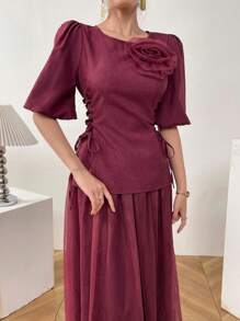 Modelyn Bộ 2 món thanh lịch cổ tròn đính ren cho nữ và chân váy mini, bộ 2 món mùa hè - Màu tím - Xem 2