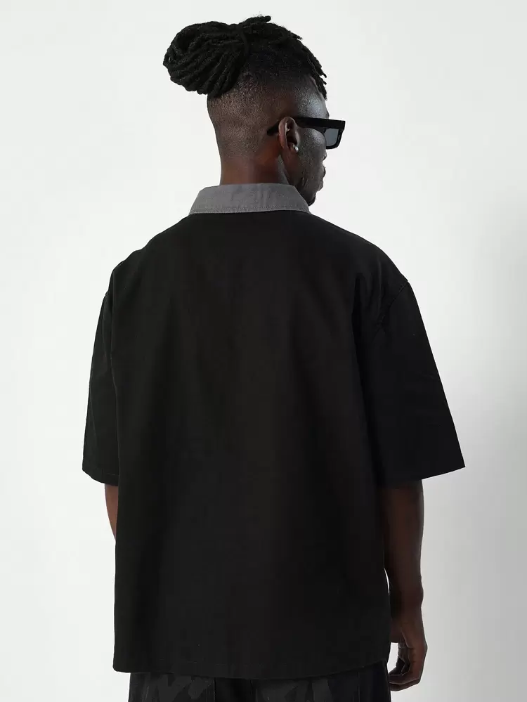 Regular Fit Short Sleeve Colour Block Twill Denim Shirt