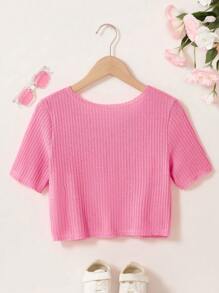 SHEIN Tween Girls Hot Pink Waffle Knit Crop Top T Shirt - Pink - View 2
