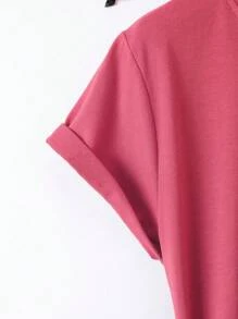 SHEIN Essnce Áo thun dáng rộng cổ tròn in họa tiết chữ đơn giản dành cho nữ, mùa hè - Màu Hồng  Dưa hấu - Xem 4