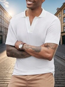 Manfinity Homme 男士純色Polo衫，夏日日常穿著 - 米色 - 查看 1