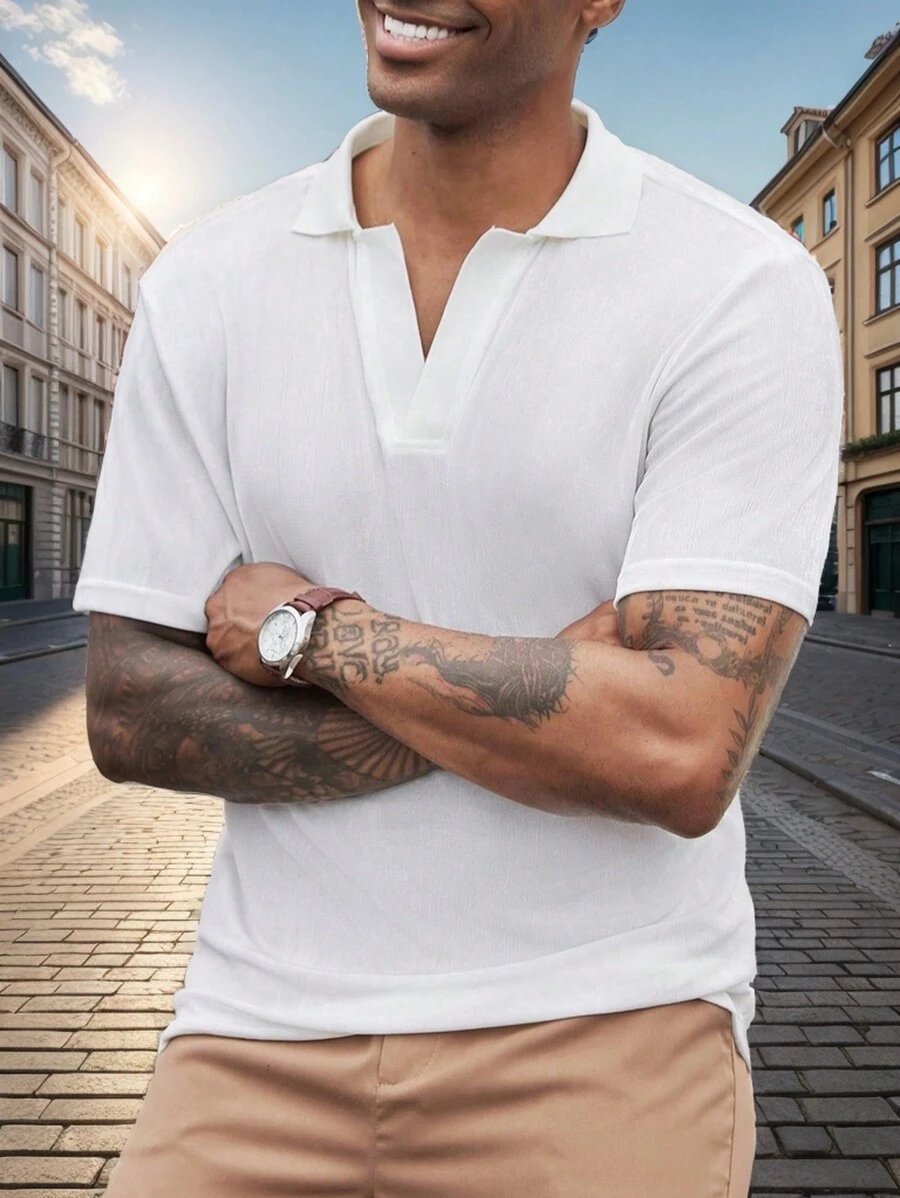 Manfinity Homme 男士純色Polo衫，夏日日常穿著 - 米色 - 查看 1