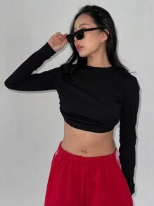 DAZY Camiseta de mujer de unicolor con espalda descubierta y lazo, top halter, volantes, ropa de otoño con mangas largas