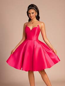 Women's New Fashionable Strapless Solid Color Backless Criss-Cross Zipper Formal Dress - Hot Pink - View 4