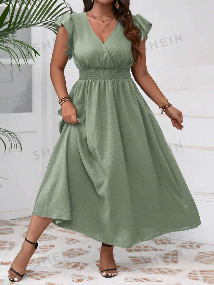 SHEIN VCAY Plus Size Casual Plain Flare Sleeve Tie Waist Dress SHEIN UK