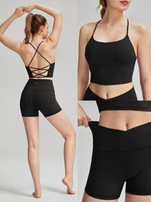 GLOWMODE FeatherFit™ Sports Bra & 4.3'' Shorts Set Crisscross Back Bra Tank Top With Crossover Biker Shorts Low Impact Yoga Daily Running Gym Workout Summer