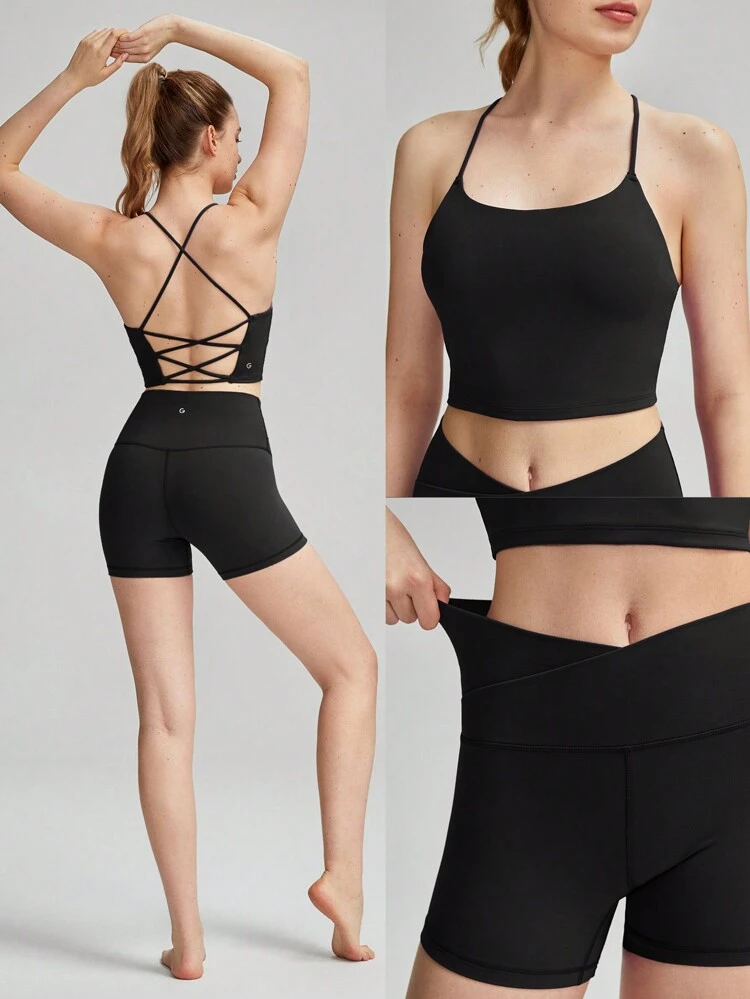 2 Pieces FeatherFit™ Sports Bra & 4.3'' Shorts Set Crisscross Back Bra Tank Top With Crossover Biker Shorts Low Impact Yoga Pilates Daily Running Gym Workout Summer