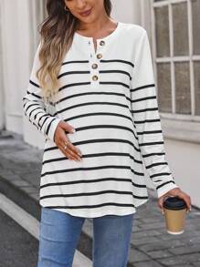 SHEIN Maternity Striped Print Button Round Neck Long Sleeve T-Shirt, Summer - Black and White - View 4