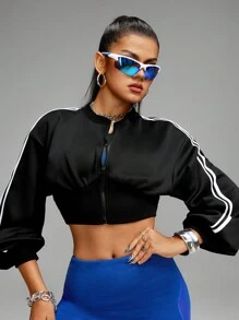 Innovista Innovista Women Black And White Striped Striped Trim Jacket,Autumn Workout Athleisure Cropped Jacket,Bust Ruching Backless Shake Hoodie,Utilitarian Chic Gym - Black - View 1