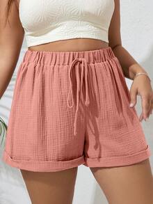 SHEIN VCAY 加腰系带卷边夏季短裤 - 藕粉色 - 查看 6