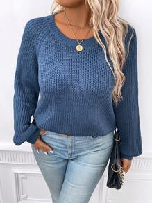 SHEIN LUNE Plus Size Women's Solid Round Neck Raglan Sleeve Long Sleeve Casual Pullover Sweater, Autumn/Winter