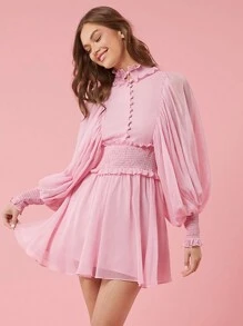 Enchnt Fall Holiday Romantic Elegant Pink Women Simple Solid Color Long Sleeve Mesh Panel Dress For Daily Wear