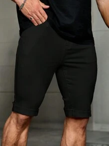 Manfinity Homme 男士黑色牛仔紧身短裤 - 黑色 - 查看 3