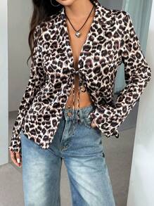 Lunelith SHEIN Lunessa Blazer casual con estampado de leopardo, cinturón de satén, para primavera/verano