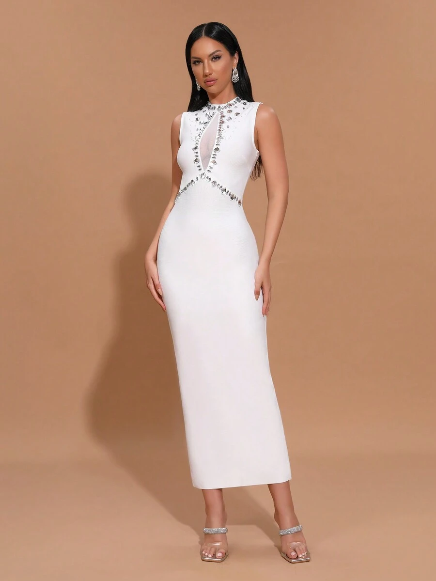 New White Sexy Mesh Splice Sleeveless Rhinestone Bandage Dress, Women's Formal Evening Party Gown - White - View 1