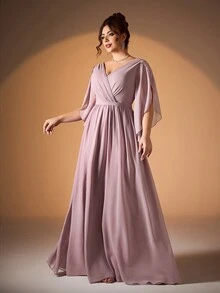 Mgiacy Plus Size V-Neck Crossed Chiffon Ruffle Sleeve Bridesmaid Dress - Dusty Purple - View 6