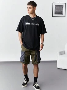 Manfinity Homme Tricou cu mânecă scurtă cu imprimeu cu litere, casual, pentru bărbați, vară - Negru - Vizualizare 3