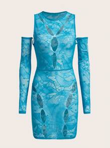 SHEIN X KeniaOs SHEIN ICON 镂空蕾丝紧身连衣裙（不含内衣套装） - 薄荷藍 - 查看 1