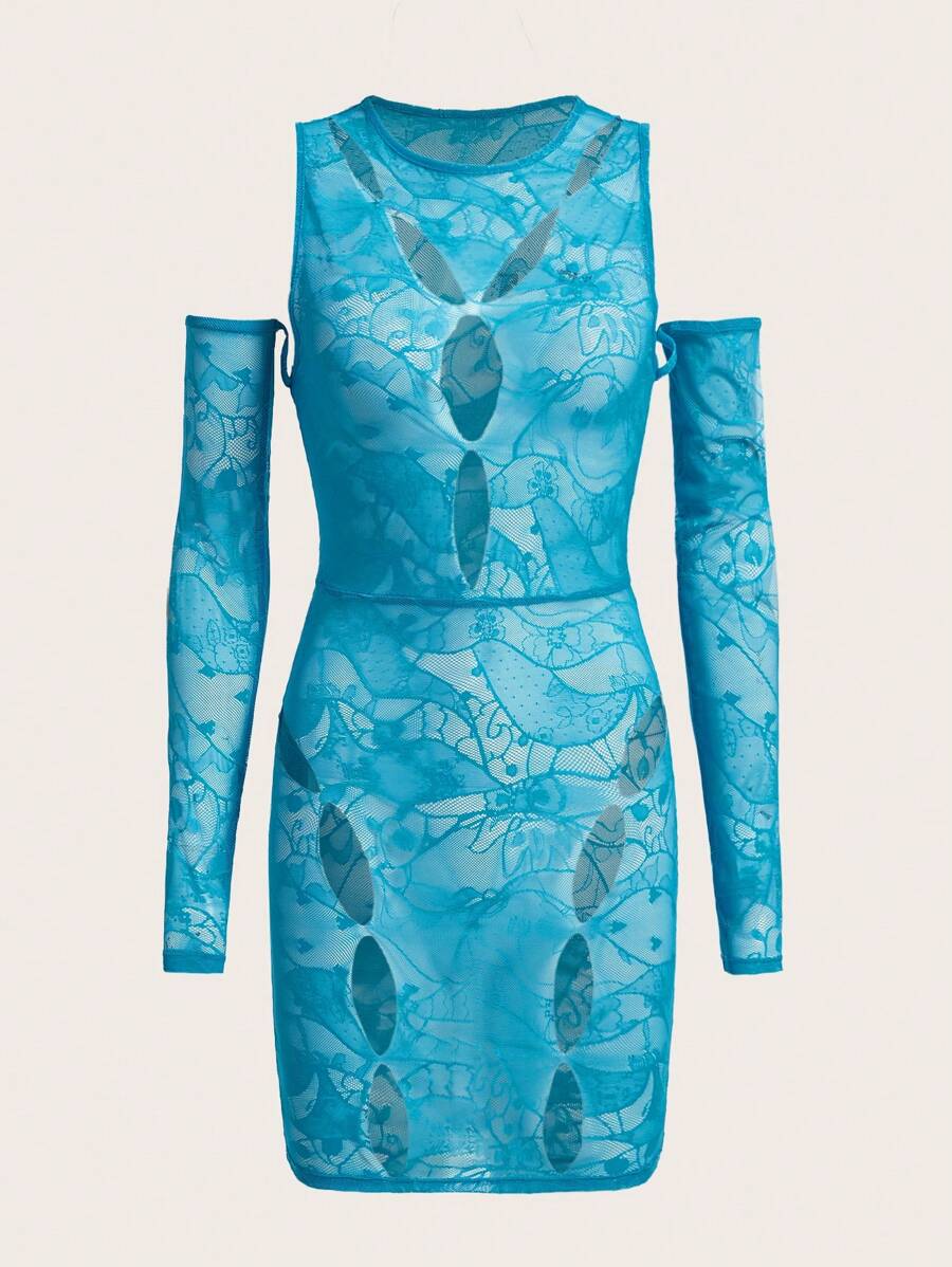 SHEIN X KeniaOs SHEIN ICON 镂空蕾丝紧身连衣裙(不含内衣套装) - 薄荷藍 - 查看 1