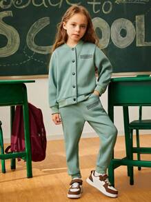 SHEIN Explorewe 2 piezas Chaqueta y pantalón de chándal con cintura elástica, estampado de letras de unicolor grueso, manga raglán, casual y deportivo para niñas - Verde - Ver 4