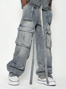 SUMWON Washed Faded Baggy Fit Pull On Multi Pocket Cargo Jean - Blue - View 1