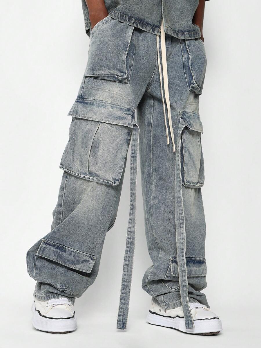 SUMWON Washed Faded Baggy Fit Pull On Multi Pocket Cargo Jean - Blue - View 1