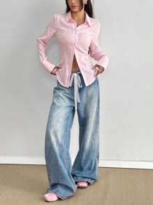 Flirla 女士春夏长袖休闲百搭条纹衬衫、长袖上衣