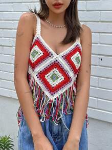 DAZY Áo hai dây dệt kim tua rua in họa tiết hình học cho nữ, áo kiểu babydoll đi nghỉ mát, áo phong cách boho cho trang phục đi du lịch biển cho nữ. - Đỏ - Xem 6