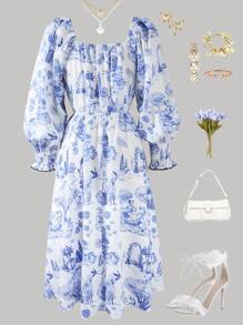 Puff Sleeve Floral Print Dress For Teenage Girls, Long Sleeve Vacation Dress - White - View 2