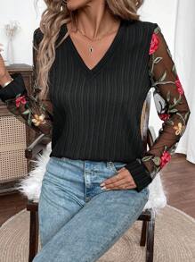 SHEIN Clasi Women's Spring & Summer Casual Flower Embroidered Mesh Contrast Blouse - Black - View 4