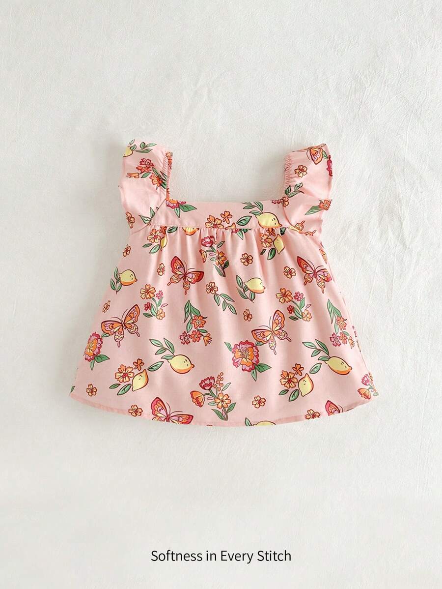Cozy Pixies Baby Girl Floral Print Ruffled Collar Pullover Top - Pink - View 1