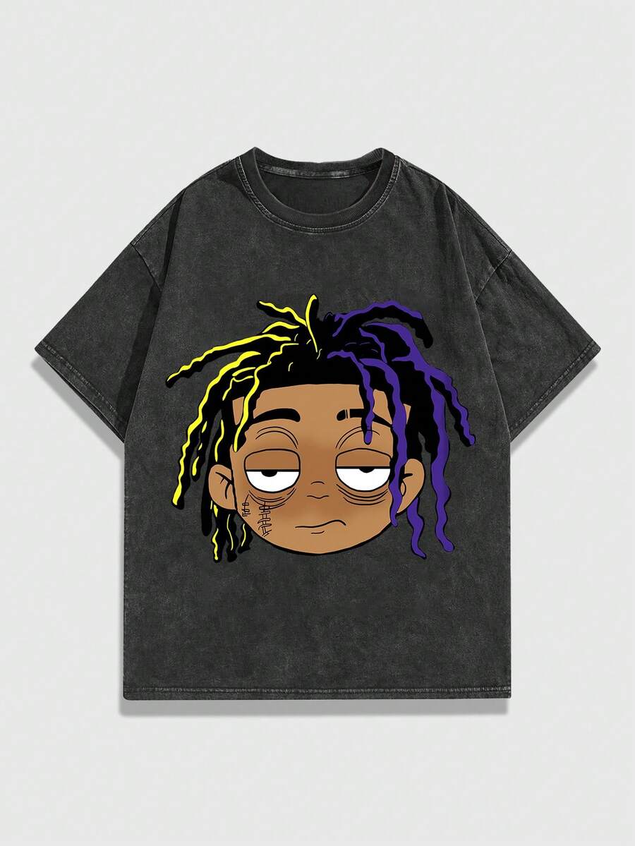 ROMWE MEN Street Life 男士趣味涂鸦印花水洗雪花洗休闲背心，夏季 - 黑色 - 查看 1