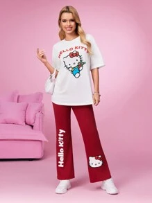 HELLO KITTY AND FRIENDS | SHEIN Summer White T-Shirt & Red Bottoming Flared Pants Set, Basic And Cute, Cartoon Pattern, Bow Element - Burgundy - View 7