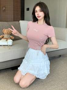 DAZY Camiseta de manga corta con lazo y cordón para mujer, para el Día de San Valentín, verano - Rosa - Ver 9