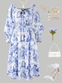 Puff Sleeve Floral Print Dress For Teenage Girls, Long Sleeve Vacation Dress - White - View 1