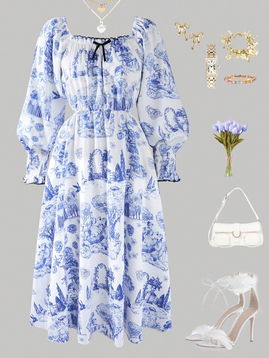Puff Sleeve Floral Print Dress For Teenage Girls, Long Sleeve Vacation Dress - White - View 1