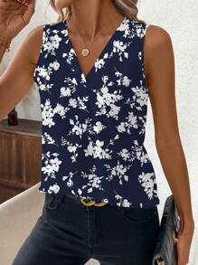 SHEIN Clasi Women's Floral Print Minimalist Casual V-Neck Sleeveless Tank Top