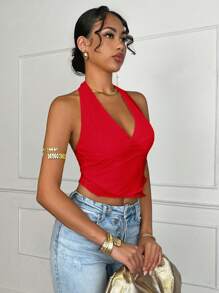 SHEIN BAE Áo mùa hè xuyên thấu cổ chữ V, áo tank top màu vàng đi biển, áo croptop mùa hè, áo tank top buộc dây cổ, áo croptop mùa hè. - Đỏ - Xem 6