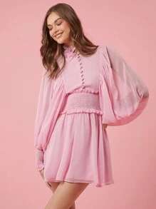 Enchnt Fall Holiday Romantic Elegant Pink Women Simple Solid Color Long Sleeve Mesh Panel Dress For Daily Wear